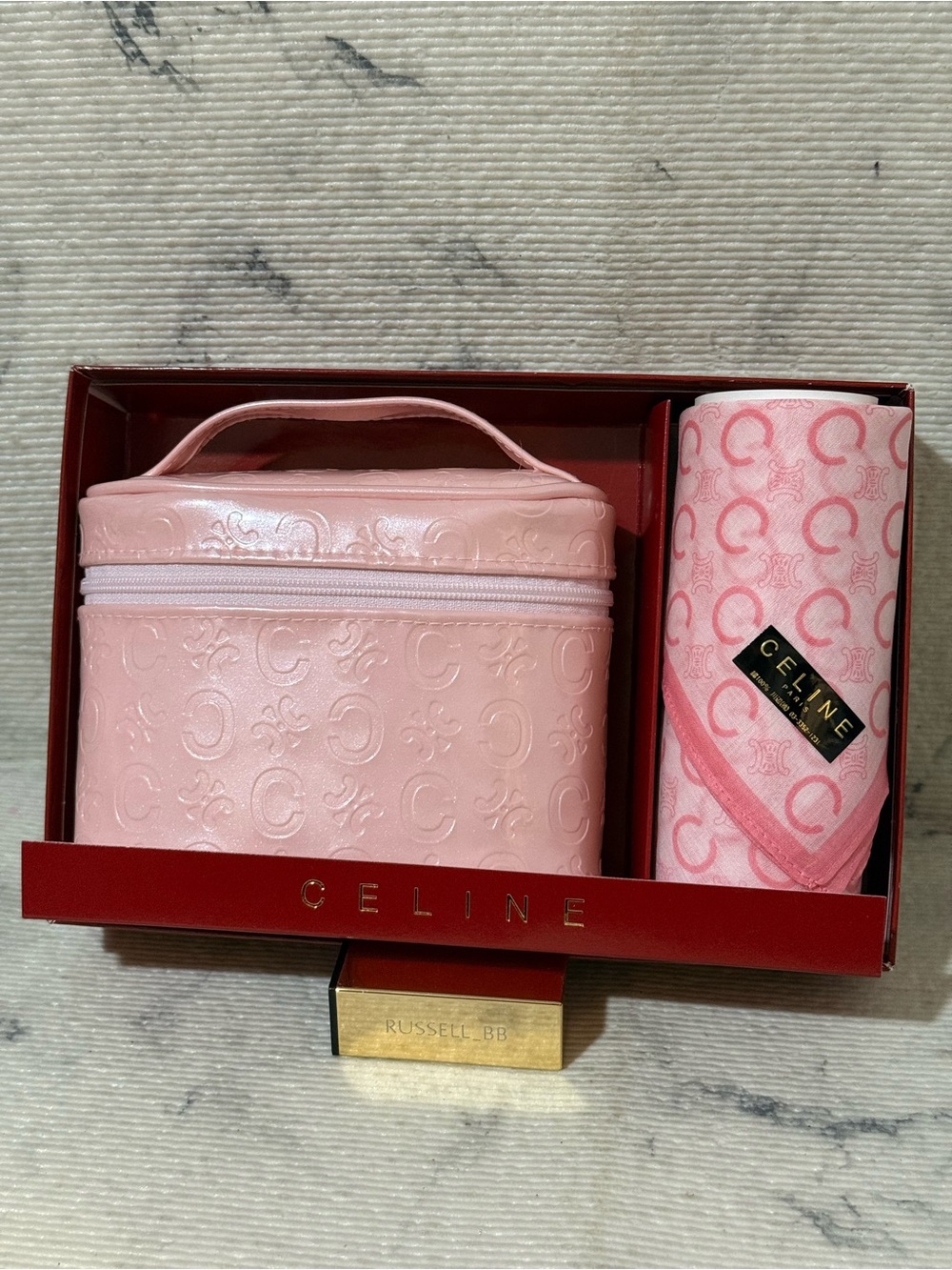 Celine Light Pink Embossed Vanity Cosmetic Case & Cotton Scarf Set - Picture 5 of 11